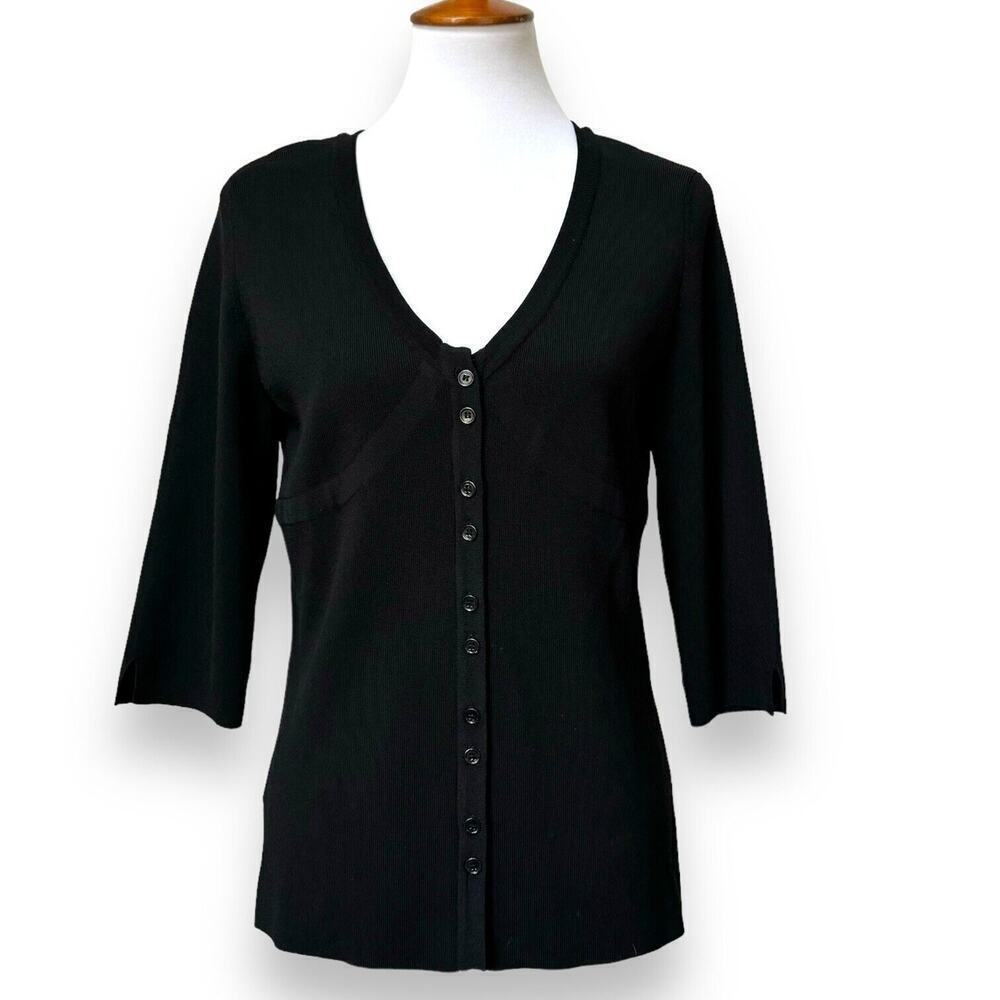 🍀Due Per Due Womens Blouse Top Black 3/4 Sleeve Button Up Rayon Blend Stretch L